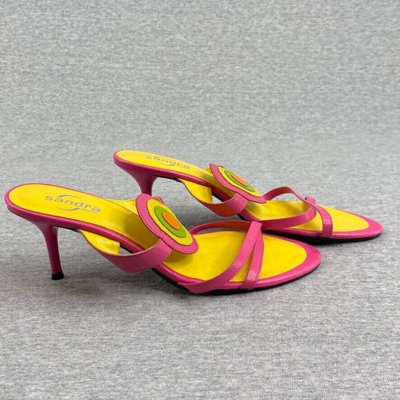 Sandra Heels Womens 7M Pink Yellow Leather Slide On Sandals Party Festive Formal - Picture 1 of 10